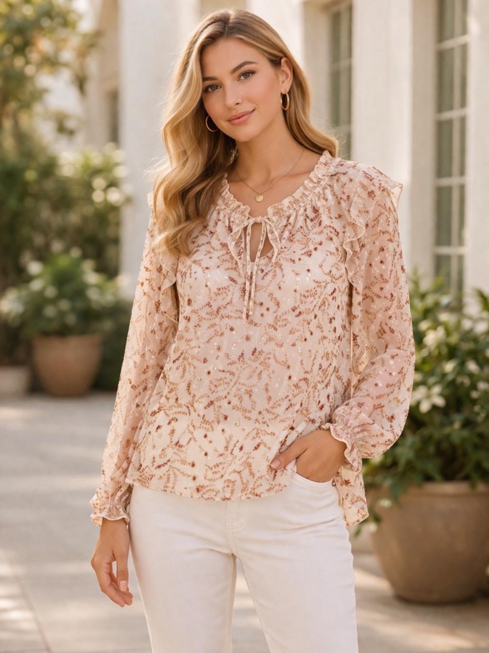 NWOT LOFT Cream and Pink Ruffled Long Sleeve Blouse